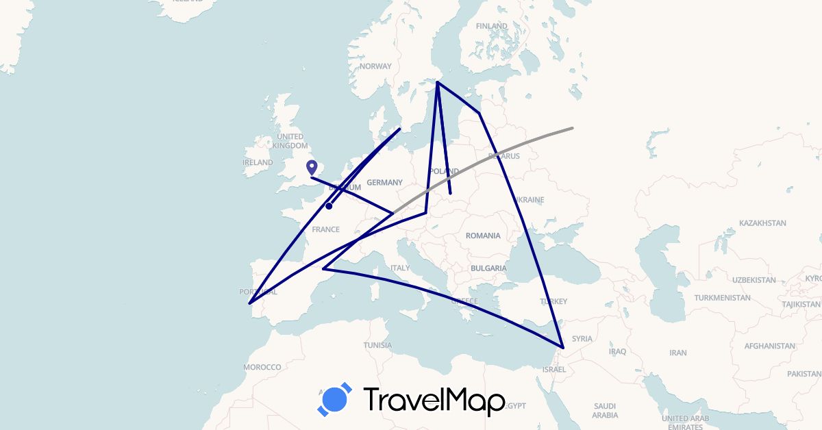 TravelMap itinerary: driving, plane in Andorra, Austria, Germany, Denmark, France, United Kingdom, Latvia, Poland, Portugal, Russia, Sweden, Syria (Asia, Europe)
